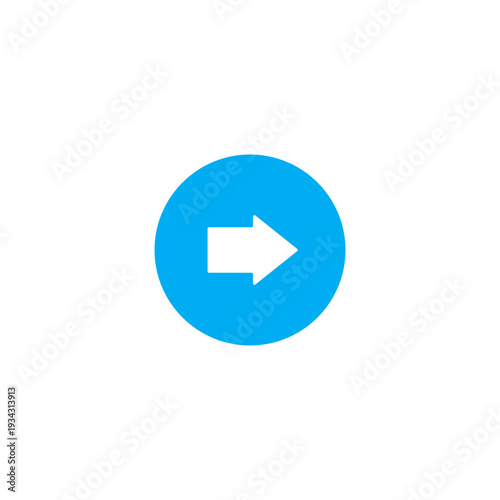 Minimalist right arrow icon in flat design style. White directional arrow symbol inside a blue circular button isolated on neutral background. 