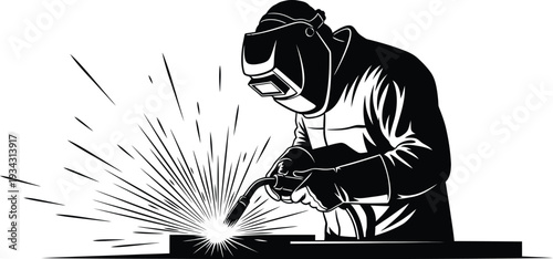 A welder at work with protective gear and sparking electrode