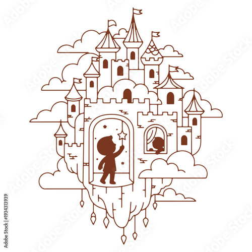 Whimsical Dreamland Castle Illustration with Children Creating Magic and Wonder in a Floating Fortress