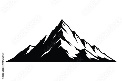 A striking black and white illustration of a snow-capped mountain peak. Vector