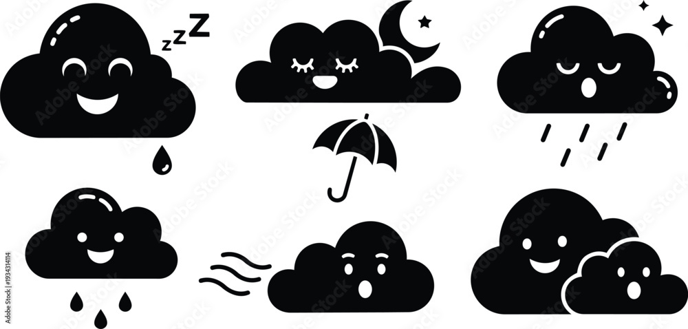 Obraz premium Cute flat design cloud icon set showing smiling sleeping and surprised faces with umbrella raindrop moon and stars on white background mockup vector playful friendly