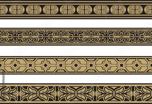 Vector seamless European gold and black ornament. Endless ornament, medieval.Renaissance border. Decorations of palaces and churches.