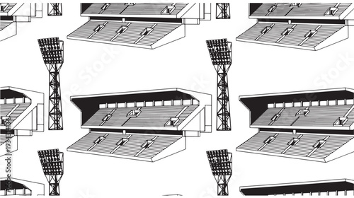 Seamless pattern of badminton courts and floodlights in black and white monochromatic line art for sports design