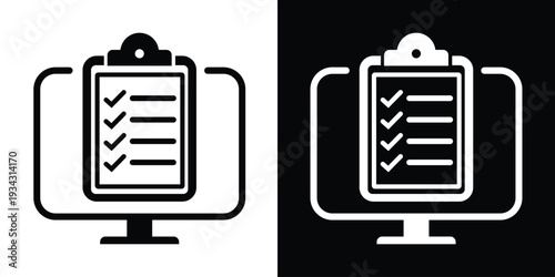 Flat icon of a clipboard with checkmarks on a monitor. Ideal for illustrating online task management, survey completion, electronic checklists, and digital project organization.