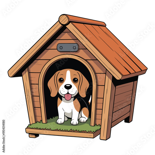 A beagle dog peeks out from inside a wooden dog house