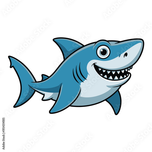 Cartoon shark with a cheerful expression swims in a white space