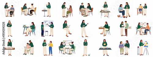 Modern people engaging in various daily activities, including casual interactions, work, learning, and dining in diverse settings, illustrating contemporary lifestyles.