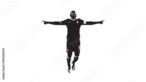 Man jumping in black silhouette with dramatic pose on white background for fitness