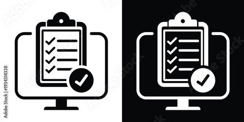 Flat icon of a clipboard with checkmarks on a monitor. Ideal for illustrating online task management, survey completion, electronic checklists, and digital project organization.