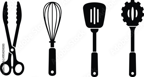 Minimalist icon set close up four black kitchen utensils including tongs whisk spatula and pasta server in flat vector style top view simple clean white background