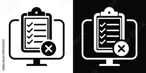 Vector illustration of a computer monitor with a checklist and a cross mark badge. Concept of rejected online application, failed verification, or declined digital form submission.