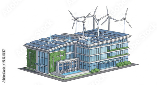 Modern Eco-Friendly Building with Solar Panels and Wind Turbines.
