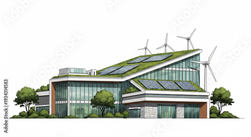 Modern Eco-Friendly Building with Solar Panels and Wind Turbines.