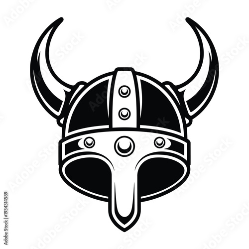 A black and white illustration of a viking helmet with curved horns