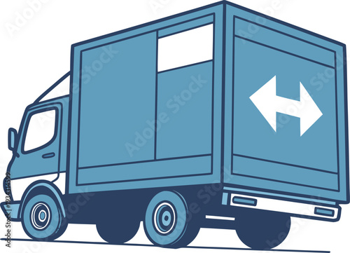 Large blue delivery truck with white arrows on side driving on road transportation logistics delivery service
