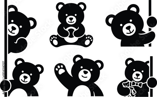 Minimalist vector six teddy bear icons peeking waving sitting and holding toys on poles with bowtie smiling faces front view close up in black and white