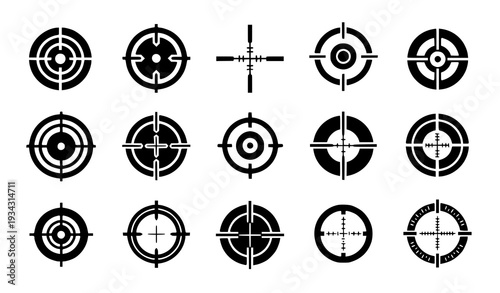 A set of black and white target icons in various designs and styles
