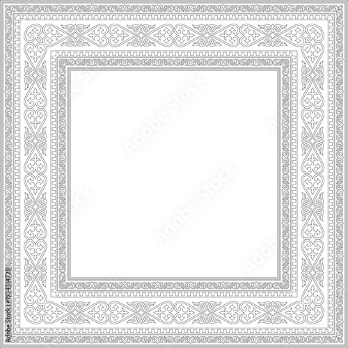 Vector black contour square Kazakh national ornament. Ethnic pattern of the peoples of the Great Steppe,