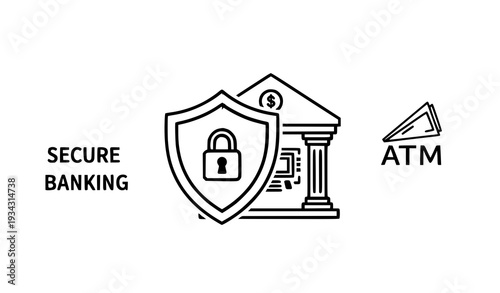 A secure banking icon featuring a shield with a lock and a bank building