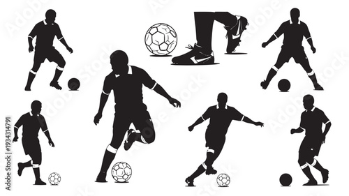 Soccer players silhouettes in various poses with balls in dark monochrome style for sports editorial