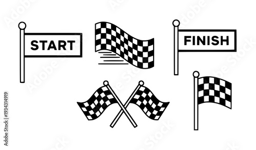 A set of checkered flags and signs for racing and competition