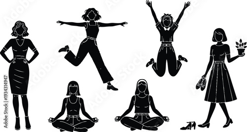 Monochrome silhouette group of women jumping meditating standing holding plant shoes in hands crossed legs casual dresses minimal studio lifestyle flat illustration arms raised