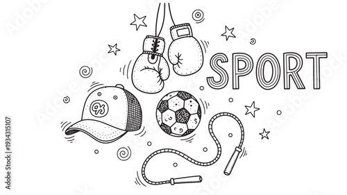 Sports equipment illustration in black and white line art for athletic branding