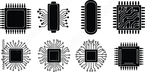 Flat black microchip icon set eight variations close up top view circuit traces radial pins minimal tech illustration in high contrast studio lighting monochrome graphic vector
