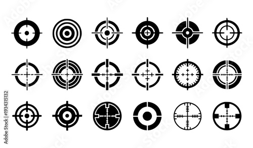 A set of black and white target icons in various designs and styles