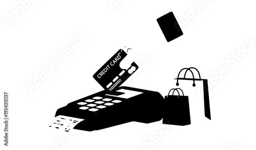A black and white vector graphic illustration of a credit card payment process