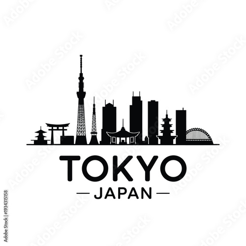 Canvas Print A minimalist black silhouette of the tokyo skyline with prominent landmarks
