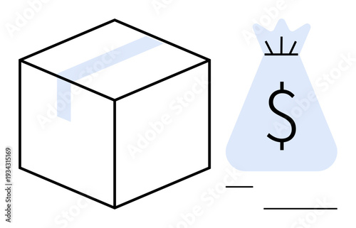 Box and dollar sign money bag symbolizing shipping, delivery fees, e-commerce earnings, or financial transactions. Ideal for logistics, business finance, commerce, trade, shipping packaging online