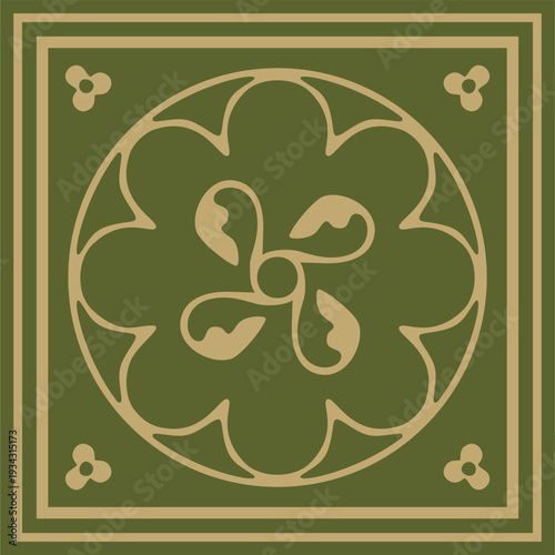 Vector gold and green ancient Roman ornament elements. Classic European parts of patterns. Lilies and crowns