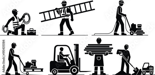Flat black construction worker icons set close up workers carrying ladder operating forklift shoveling loading materials using floor scrubber pulling cart wearing hardhat vest silhouette tools