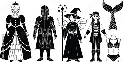 Silhouette costume paper doll set front view row of queen knight witch fairy pirate and mermaid tail black and white vector flat isolated editable elements collection