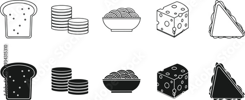 Set of Food Icons Including Bread Slices Cheese Wedges Sandwiches and Bowls of Noodles in Flat Vector Line Art Style