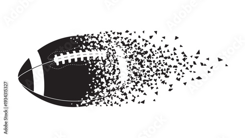 Disintegrating American football in dynamic motion with black particles on white background for sports design