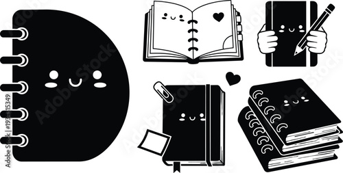 Kawaii flat vector close up smiling notebooks with faces stacked and open on white background school desk stationery cute friendly front angle black and white illustration