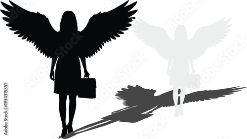 Black and white silhouette of woman with wings and briefcase angel businesswoman