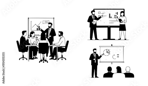 A minimalist vector graphic illustration of business professionals in a meeting