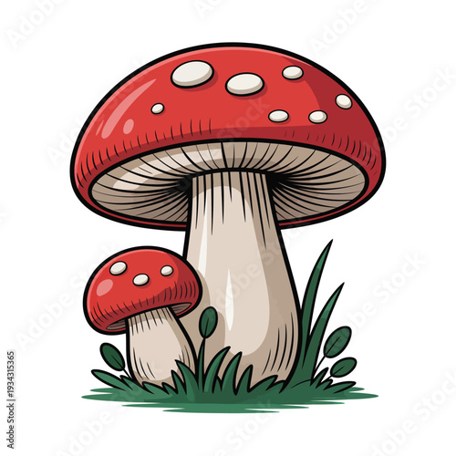 A vibrant cartoon illustration of a red capped mushroom and smaller fungi