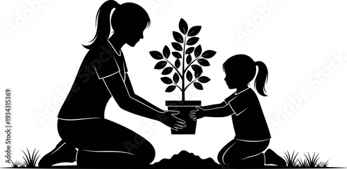 Mother and daughter planting tree together silhouettes representing family gardening, environmental education, nurturing plants and teaching children sustainable care for nature
