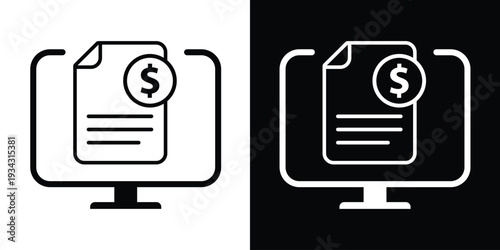 Vector graphic of a computer screen displaying a document with a dollar sign. Ideal for online banking, digital invoicing, electronic bill payment, and financial report concepts.