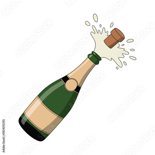 A celebratory green champagne bottle with a popped cork and splashing liquid