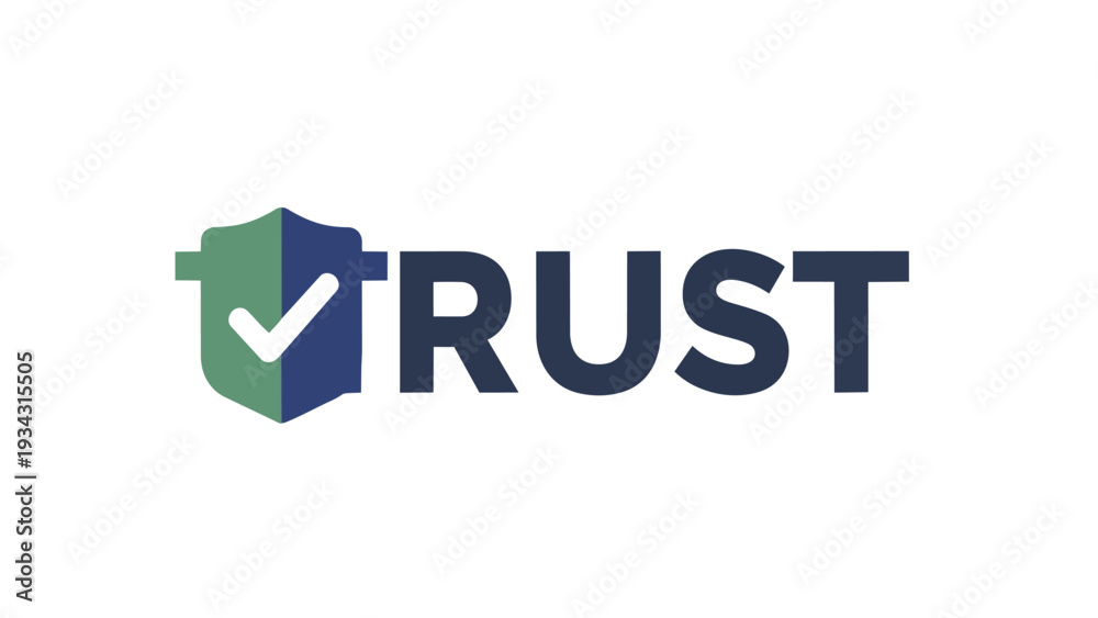 Fototapeta premium Modern graphic logo symbolizing trust and reliability through a shield with a checkmark integrated into the word trust. This design communicates