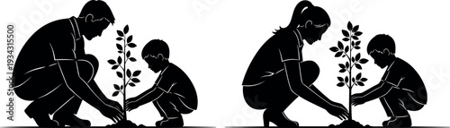 Parents and child planting young tree silhouettes representing family gardening, environmental education, eco friendly lifestyle, nature care and sustainable future concept