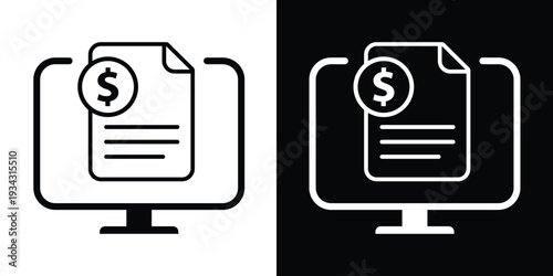 Vector graphic of a computer screen displaying a document with a dollar sign. Ideal for online banking, digital invoicing, electronic bill payment, and financial report concepts.