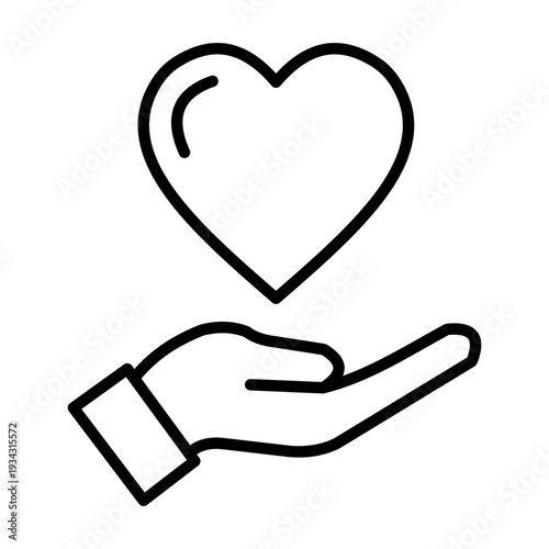 Hand holding heart line icon representing charity, healthcare support, volunteer donation, medical care, and empathy symbol in minimalist vector style