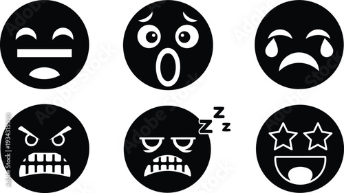 Flat black emoji icons six round faces showing happy surprised sad angry sleepy starry eyed arranged in neat grid with simple vector style bold black contrast