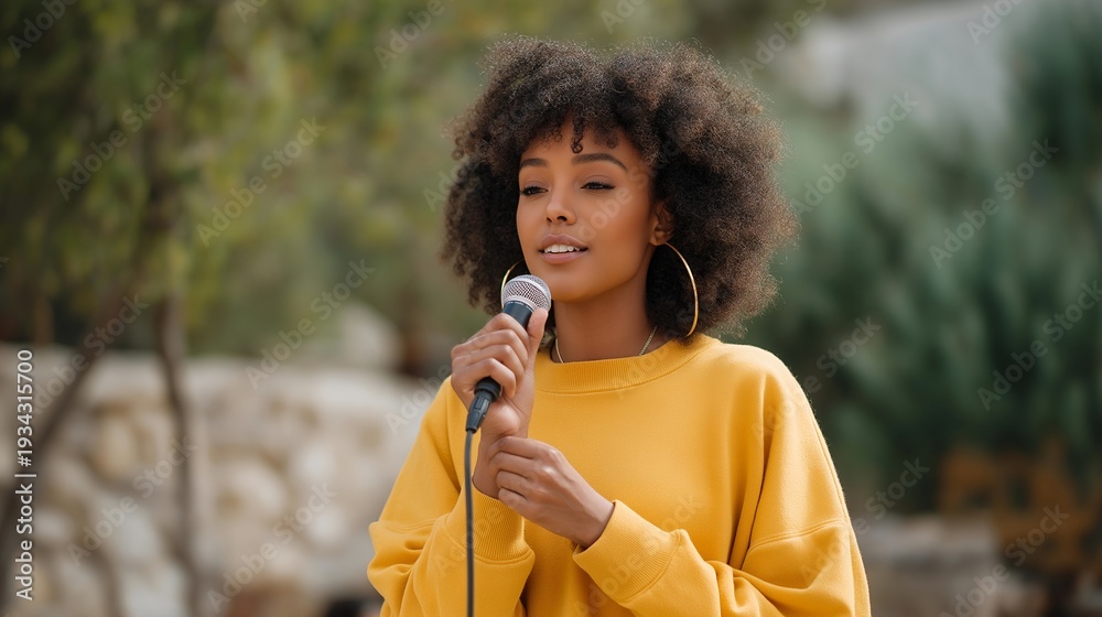 Fototapeta premium World Poetry Day concept with diverse poets sharing original work at an outdoor spring literary event, perfect for March cultural awareness, poetry celebration, literary arts, creative expression,